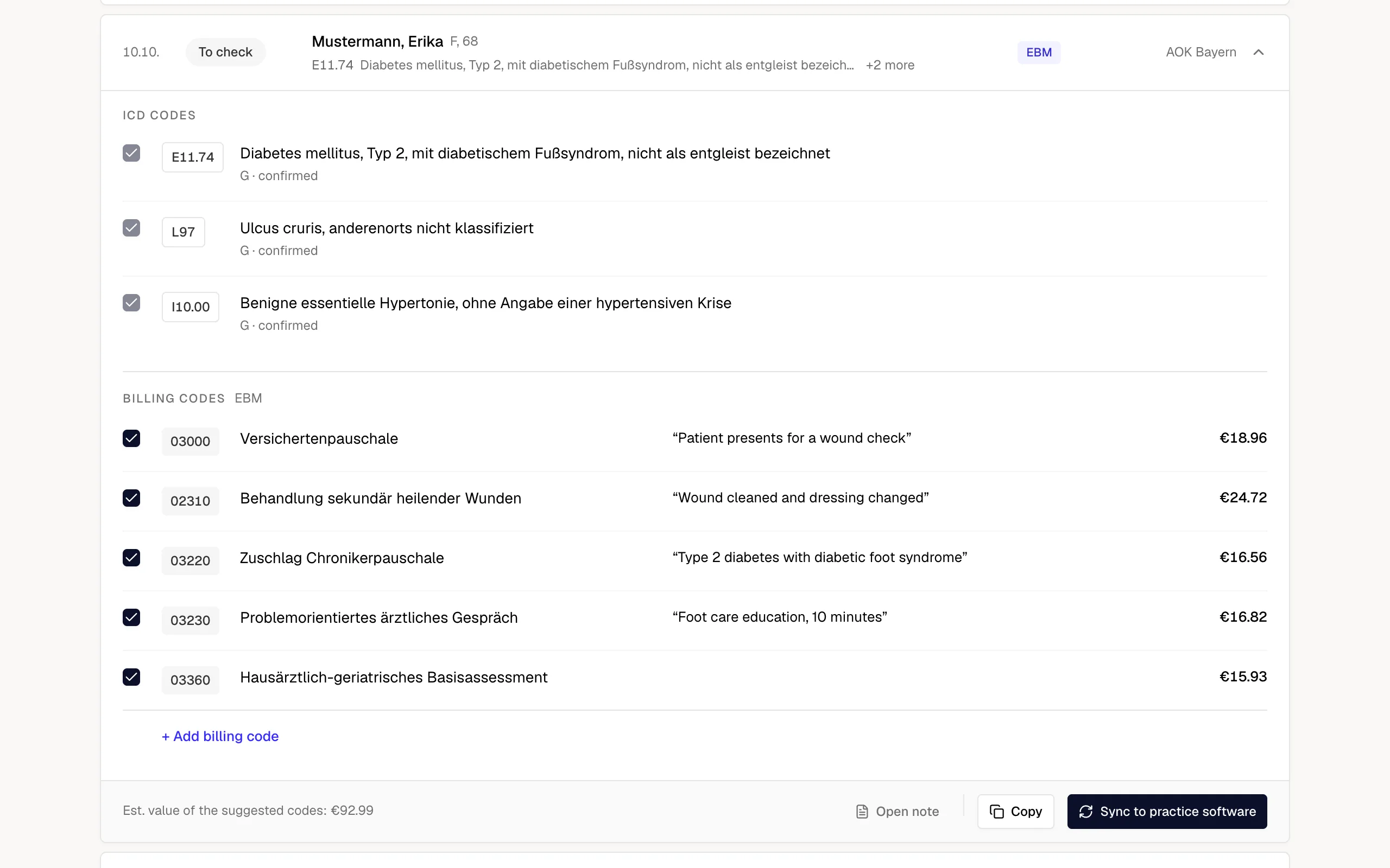 meda Billing: the end-of-day review, every suggested code with its line from the note and its value