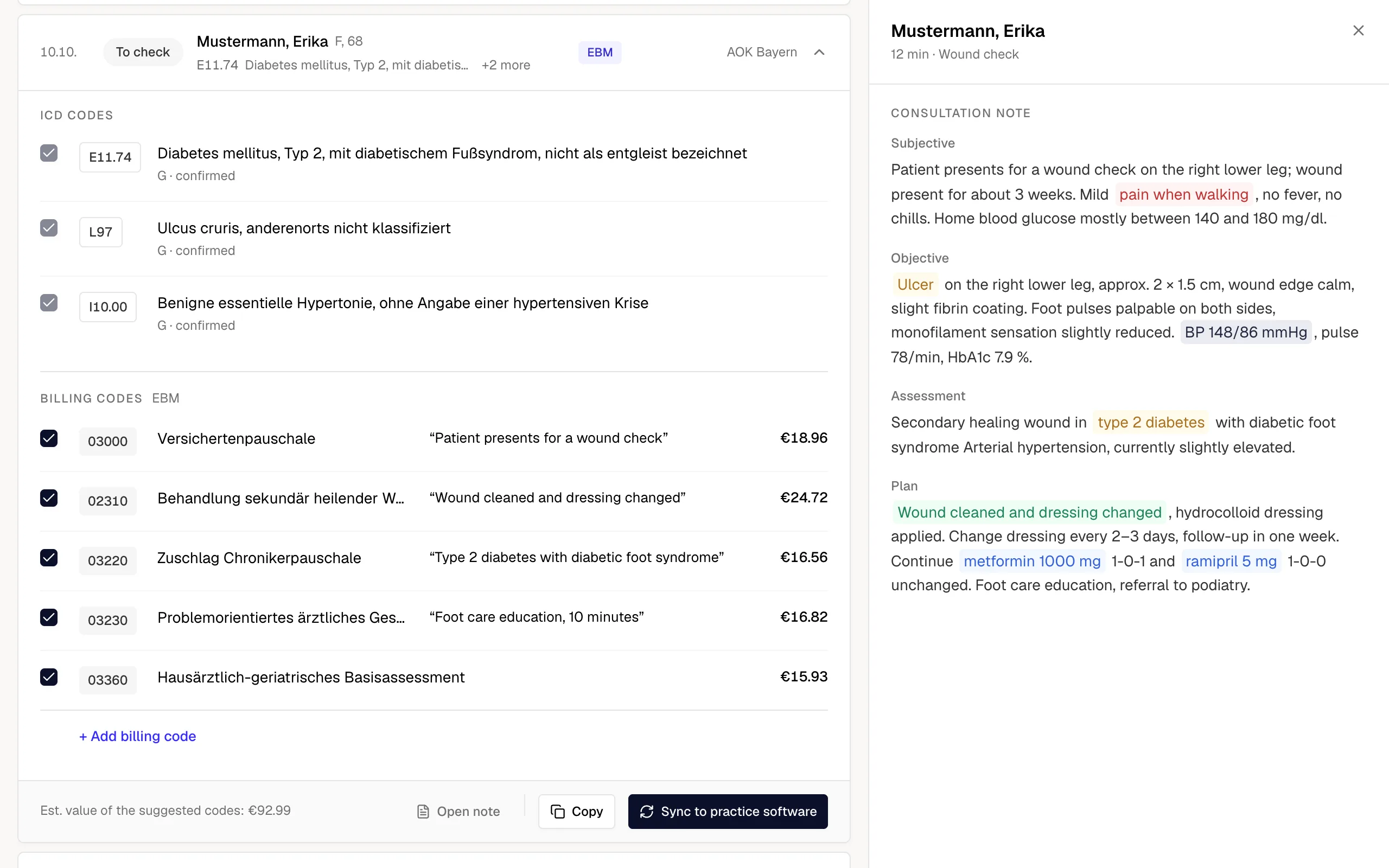 meda Billing: the demo patient's consultation note beside the suggested codes, each code with its line from the note