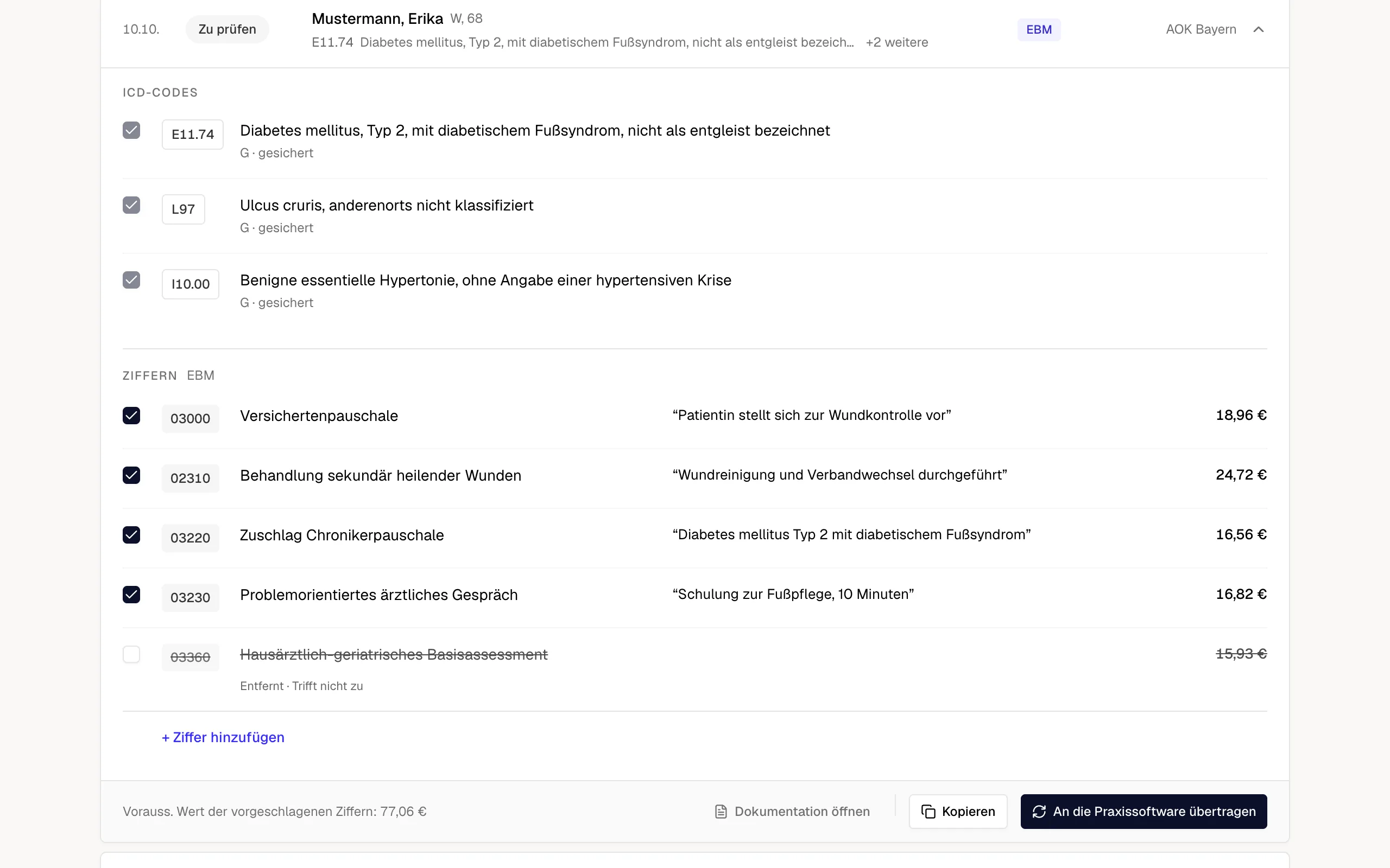 meda Abrechnung: vier Ziffern freigegeben, eine als „Trifft nicht zu“ entfernt, und die Schaltfläche „An die Praxissoftware übertragen“